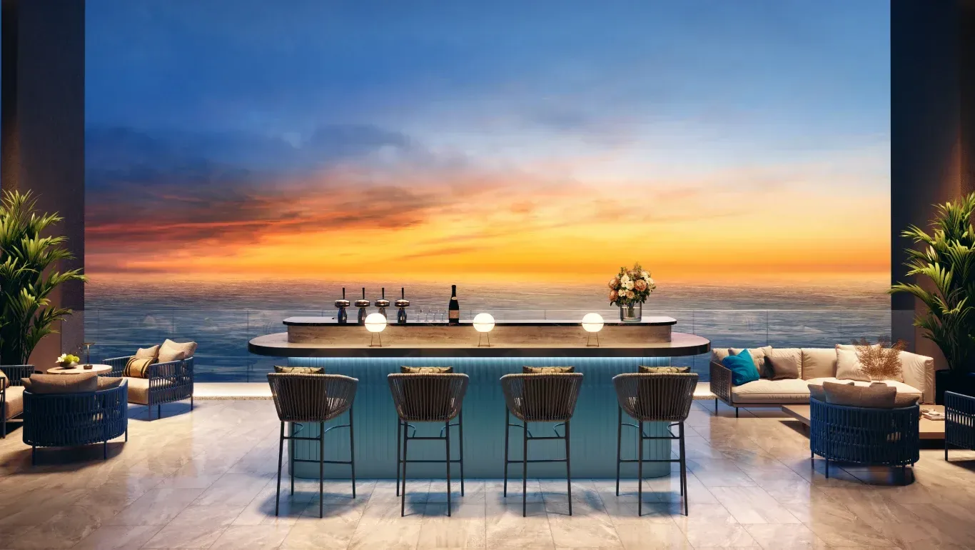Clarissa private rooftop bar at sunset over the Andaman Sea, artist's impression