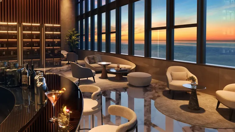 Clarissa rooftop restaurant with floor-to-ceiling windows facing the sunset sea, artist's impression