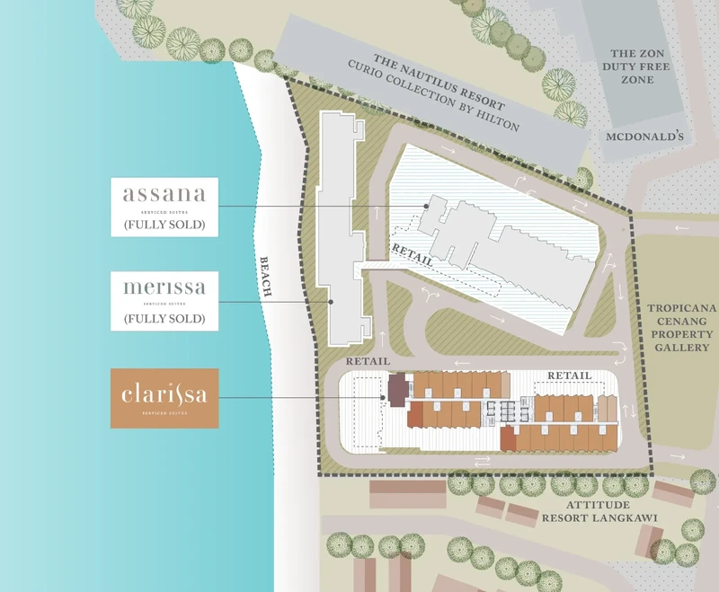 Tropicana Cenang site plan showing Assana, Merissa and Clarissa beside the beach, with The Nautilus Resort, The Zon Duty Free Zone and Attitude Resort Langkawi marked nearby