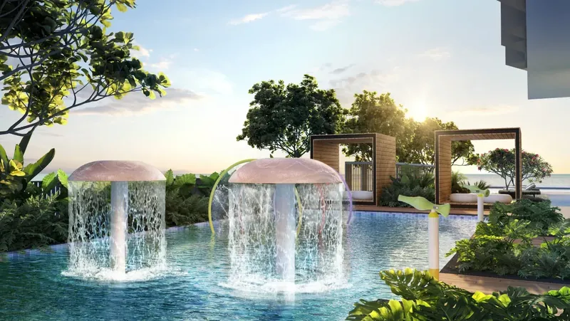 Clarissa kids' wading pool with mushroom-shaped water features, artist's impression