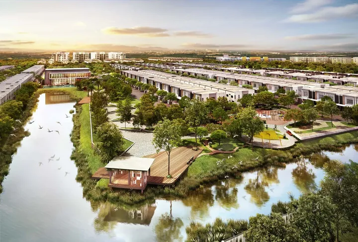 Aerial view of Danga Sutera in Johor Bahru showing rows of double-storey homes, the clubhouse, the lakeside pavilion and a playground, artist's impression