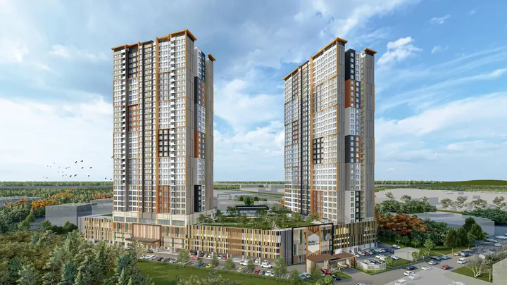 Artist's impression of the two 35-storey towers of Daya 1 Residences above the landscaped podium in Taman Daya, Johor Bahru