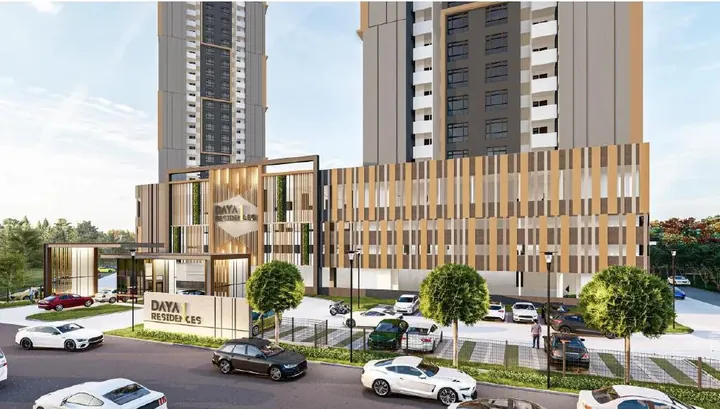 Artist's impression of the Daya 1 Residences podium and street view with timber-toned fins