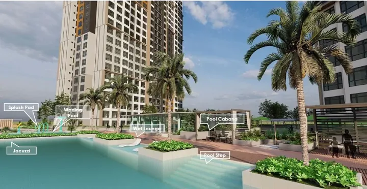 Artist's impression of the Level 4 pool deck at Daya 1 Residences with the towers behind