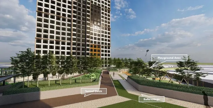 Artist's impression of the sunset deck and pathway on the Level 4 deck at Daya 1 Residences