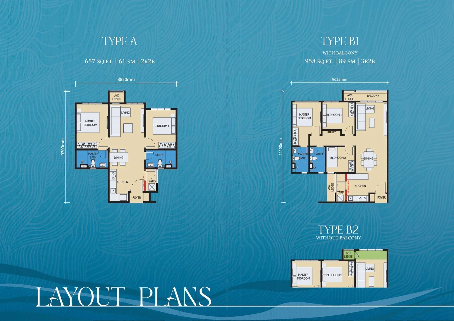 D'Evia Type A, B1 and B2 floor plans — 657 to 958 sq ft