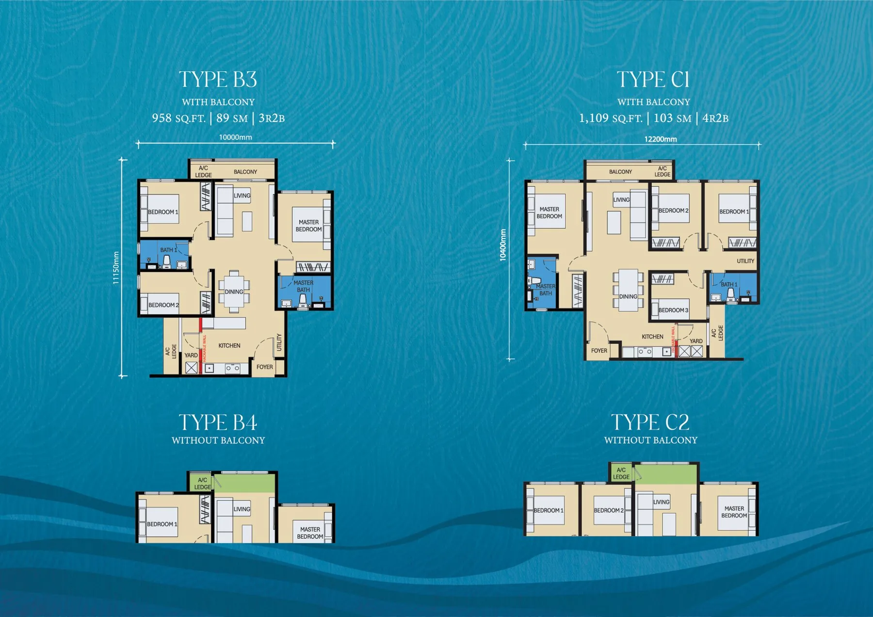 D'Evia Type C1 and C2 floor plans — 1,109 sq ft