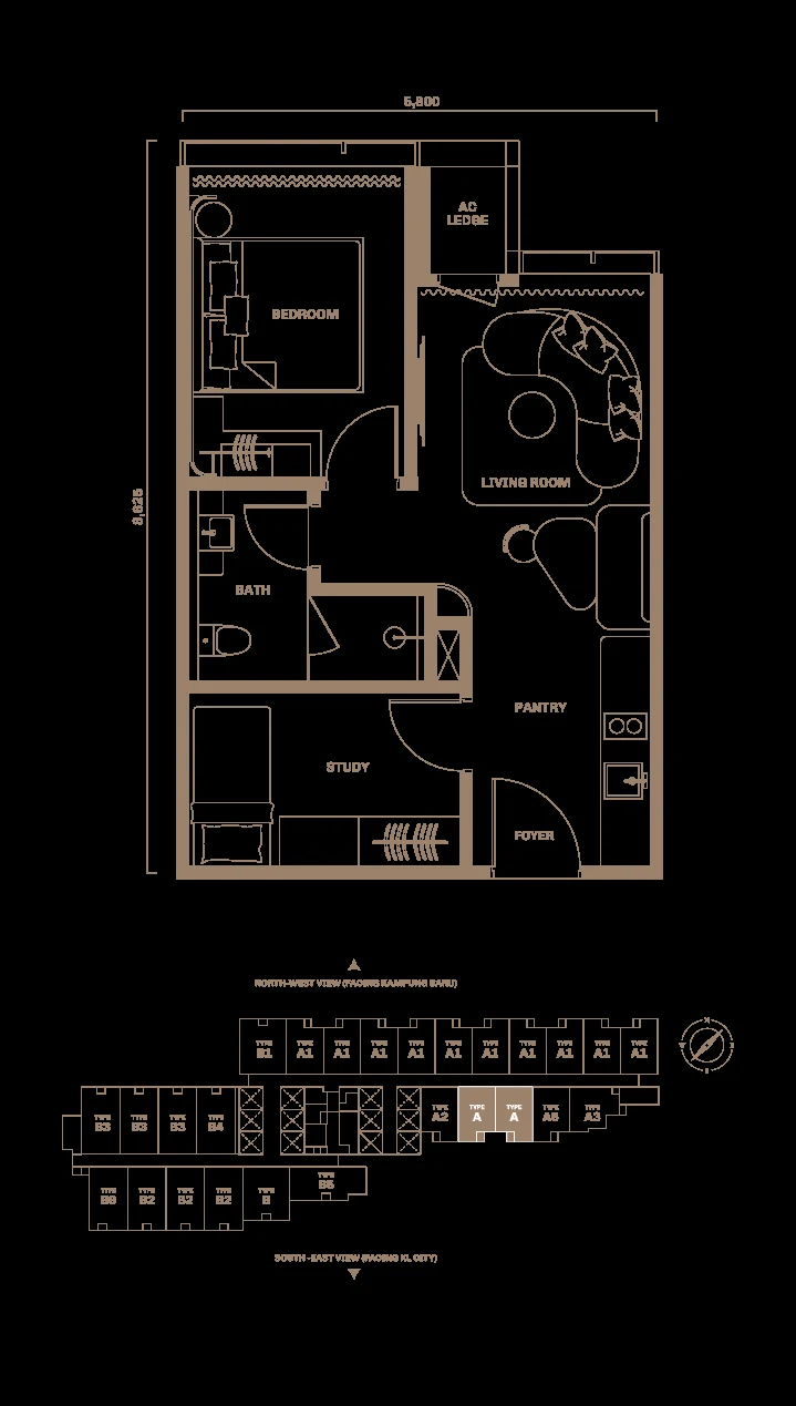 Divine KLCC Type A floor plan — 513 sq ft, 1+1 bedroom