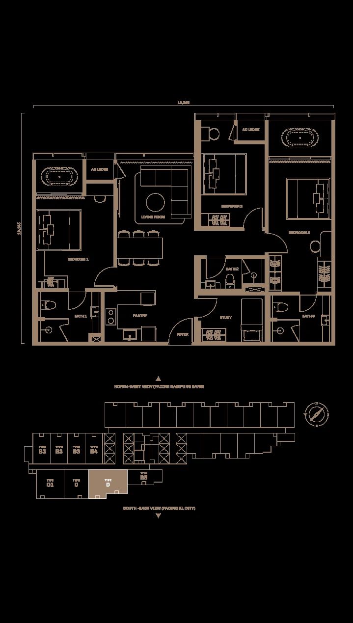 Divine KLCC Type D floor plan — 1,319 sq ft, 3+1 bedrooms