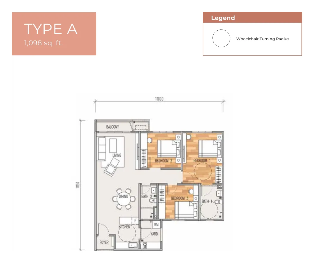 Erat Residence Type A floor plan — 1,098 sq ft, 3 bedrooms