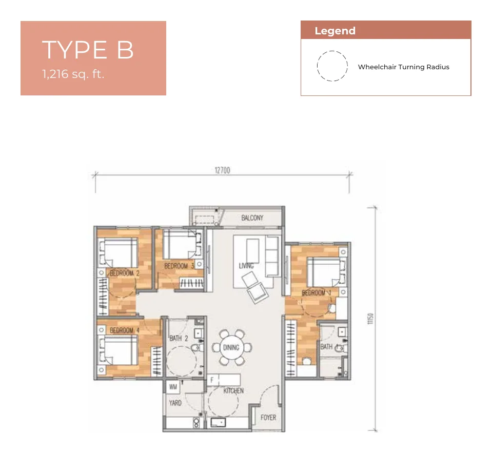 Erat Residence Type B floor plan — 1,216 sq ft, 4 bedrooms