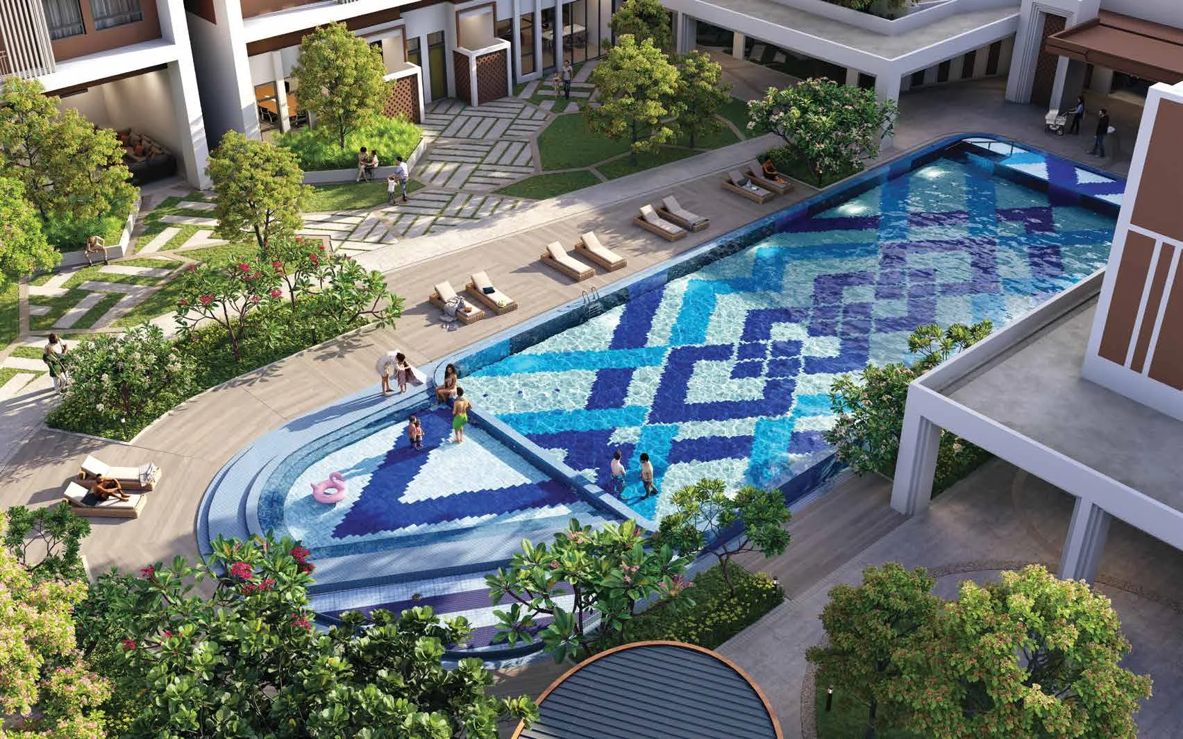 Erat Residence raised swimming pool with sun-loungers, aerial view, artist's impression