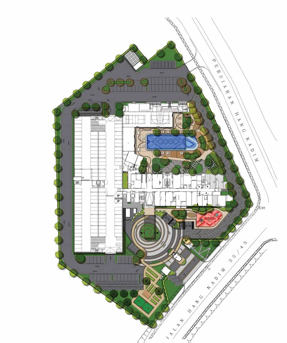 Erat Residence site plan showing the tower, pool and landscaped grounds