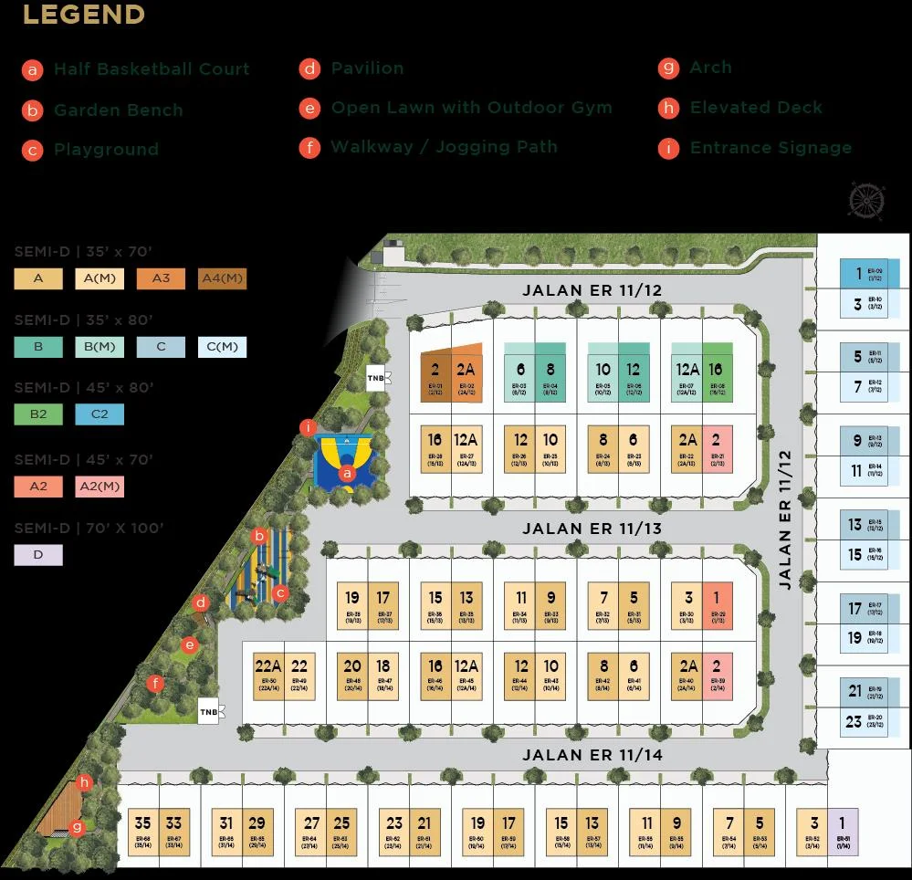 Erica Residence site plan showing lot types, Jalan ER 11/12, 11/13 and 11/14, and the half basketball court, playground, pavilion, outdoor gym and elevated deck