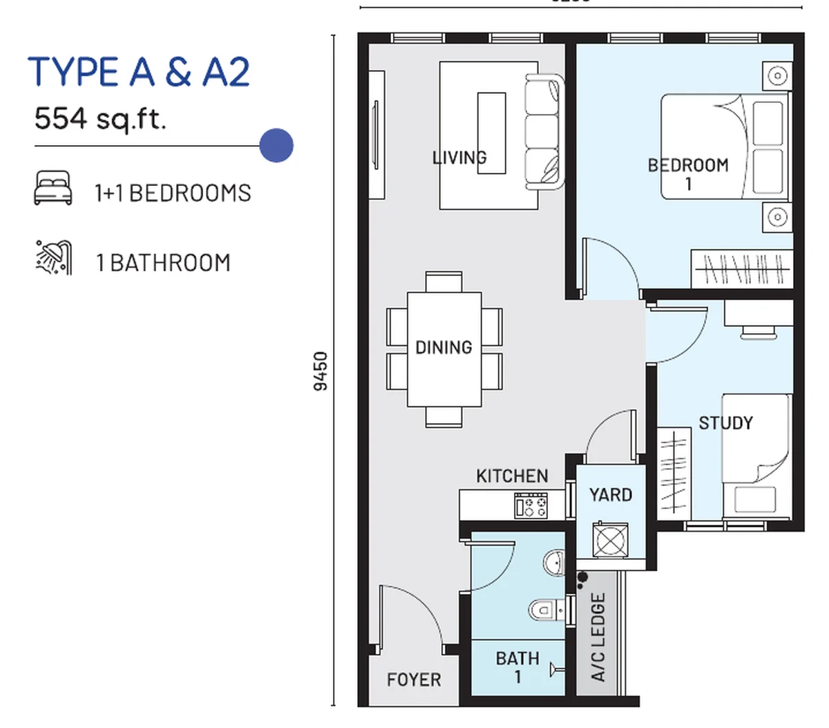 e.Sentral SmartCity Type A floor plan — 554 sq ft, 1+1 bedrooms