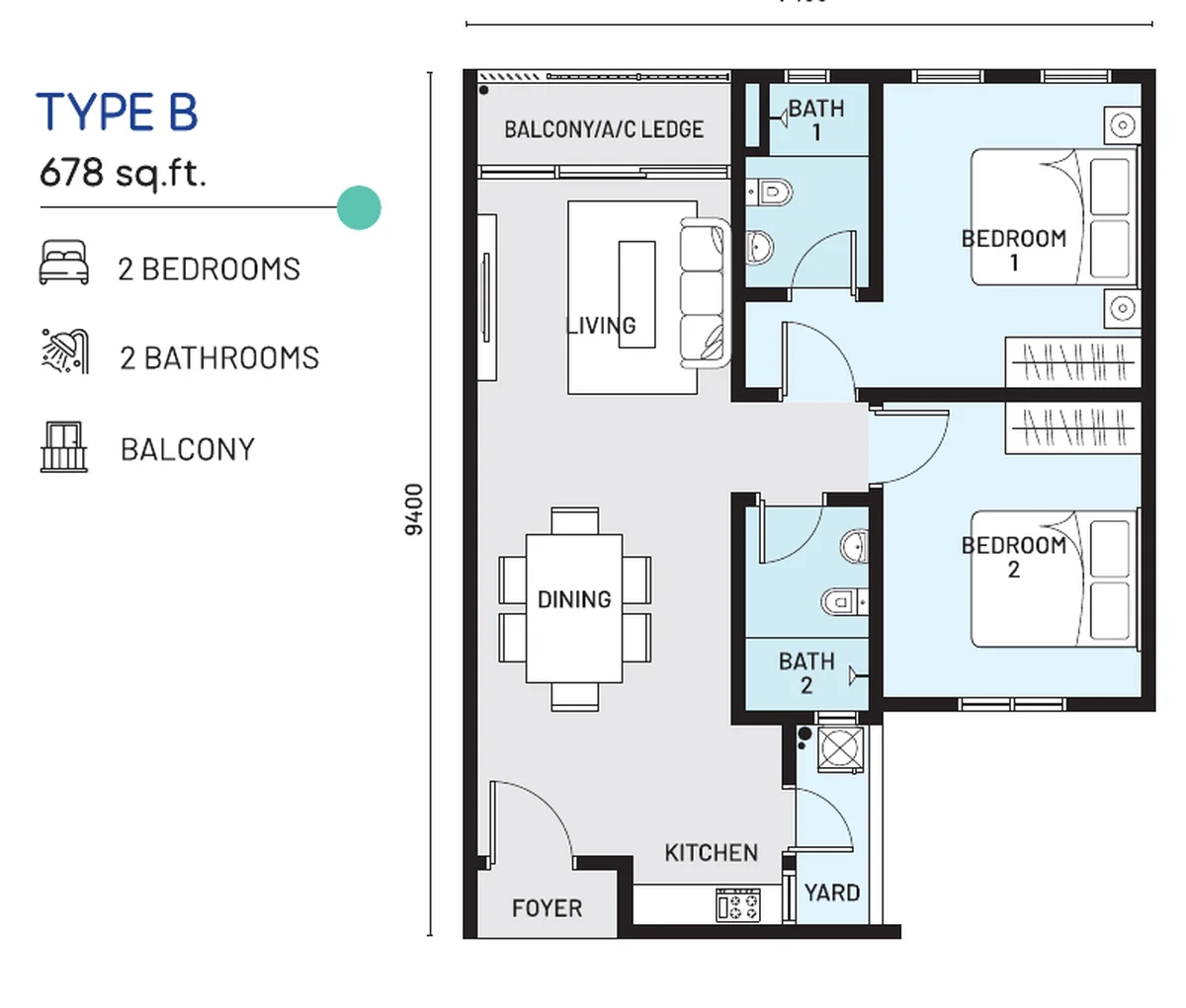 e.Sentral SmartCity Type B floor plan — 678 sq ft, 2 bedrooms