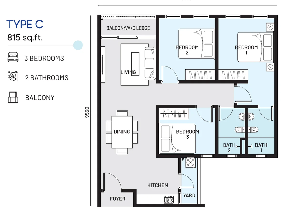e.Sentral SmartCity Type C floor plan — 815 sq ft, 3 bedrooms