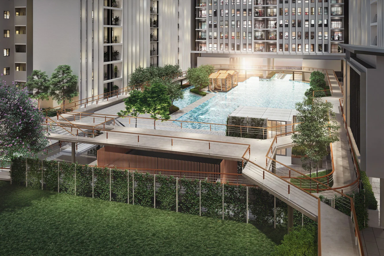 e.Sentral SmartCity podium swimming pool at dusk, artist's impression