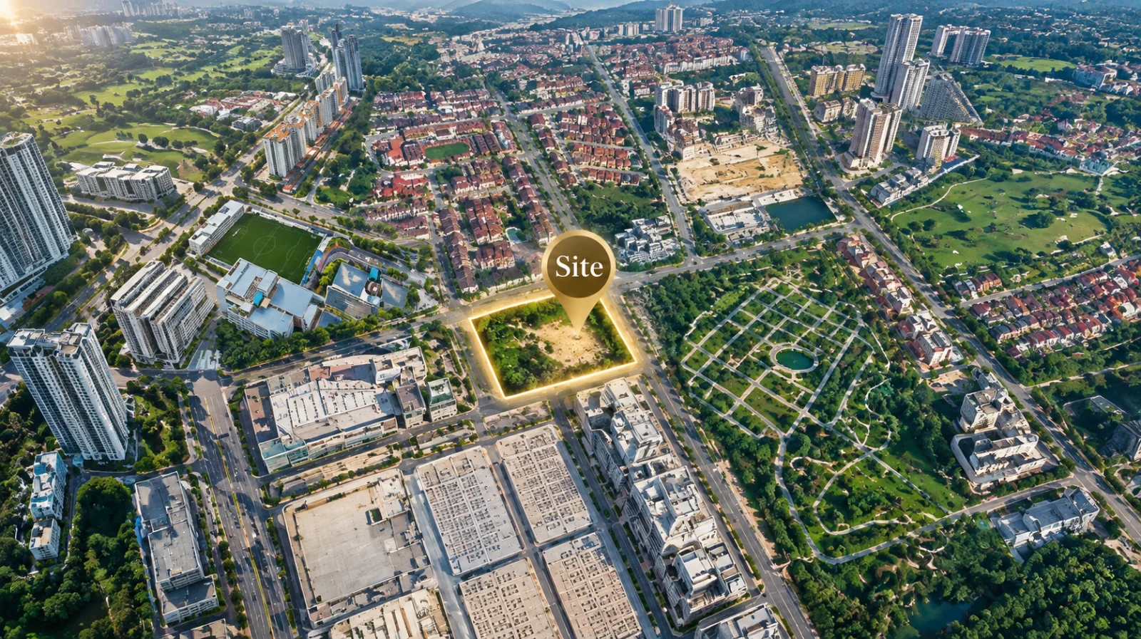 Aerial view marking the vacant EXSIM site in Bukit Jalil, opposite Bukit Jalil Recreational Park