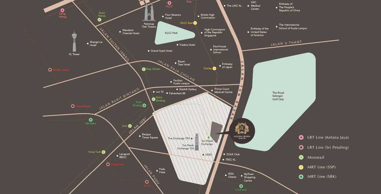 Developer location map of Golden Crown Residence beside Tun Razak Exchange with KLCC, Pavilion KL, the Royal Selangor Golf Club and MRT lines marked
