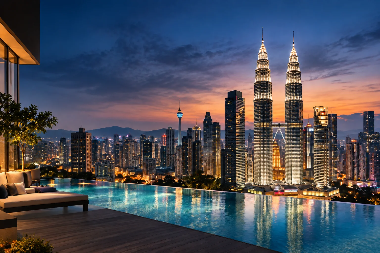 Kuala Lumpur skyline at sunset, viewed from an infinity pool