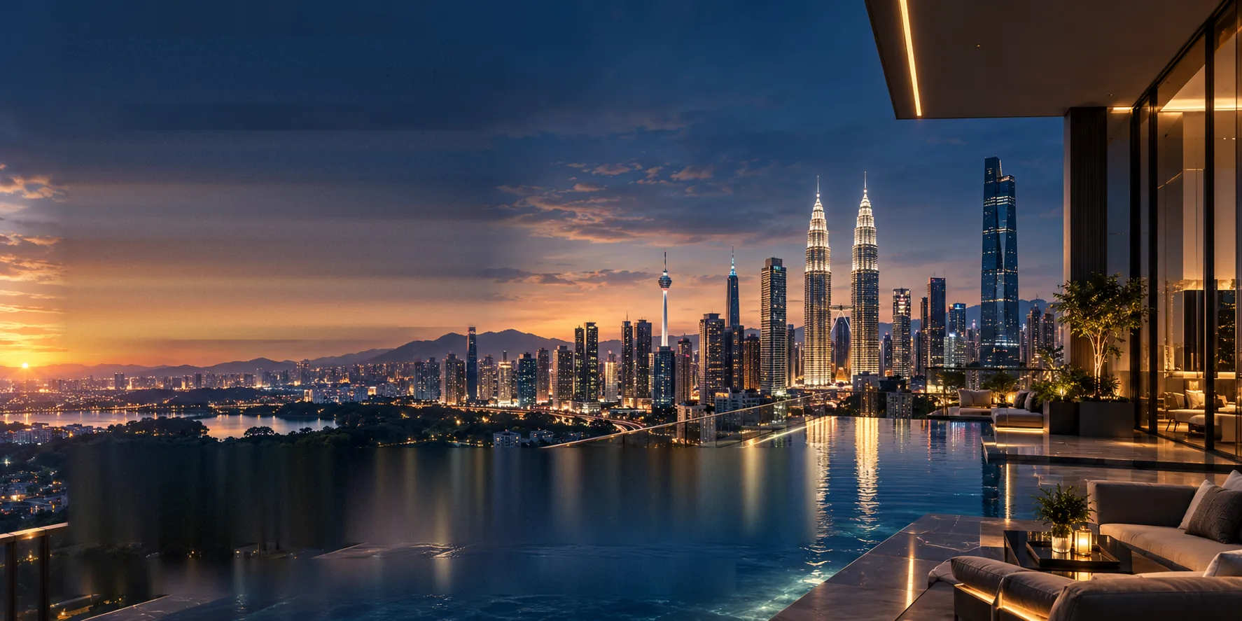 Kuala Lumpur skyline at dusk with the Petronas Twin Towers, KL Tower and Merdeka 118, seen from a luxury infinity-pool terrace (illustration)