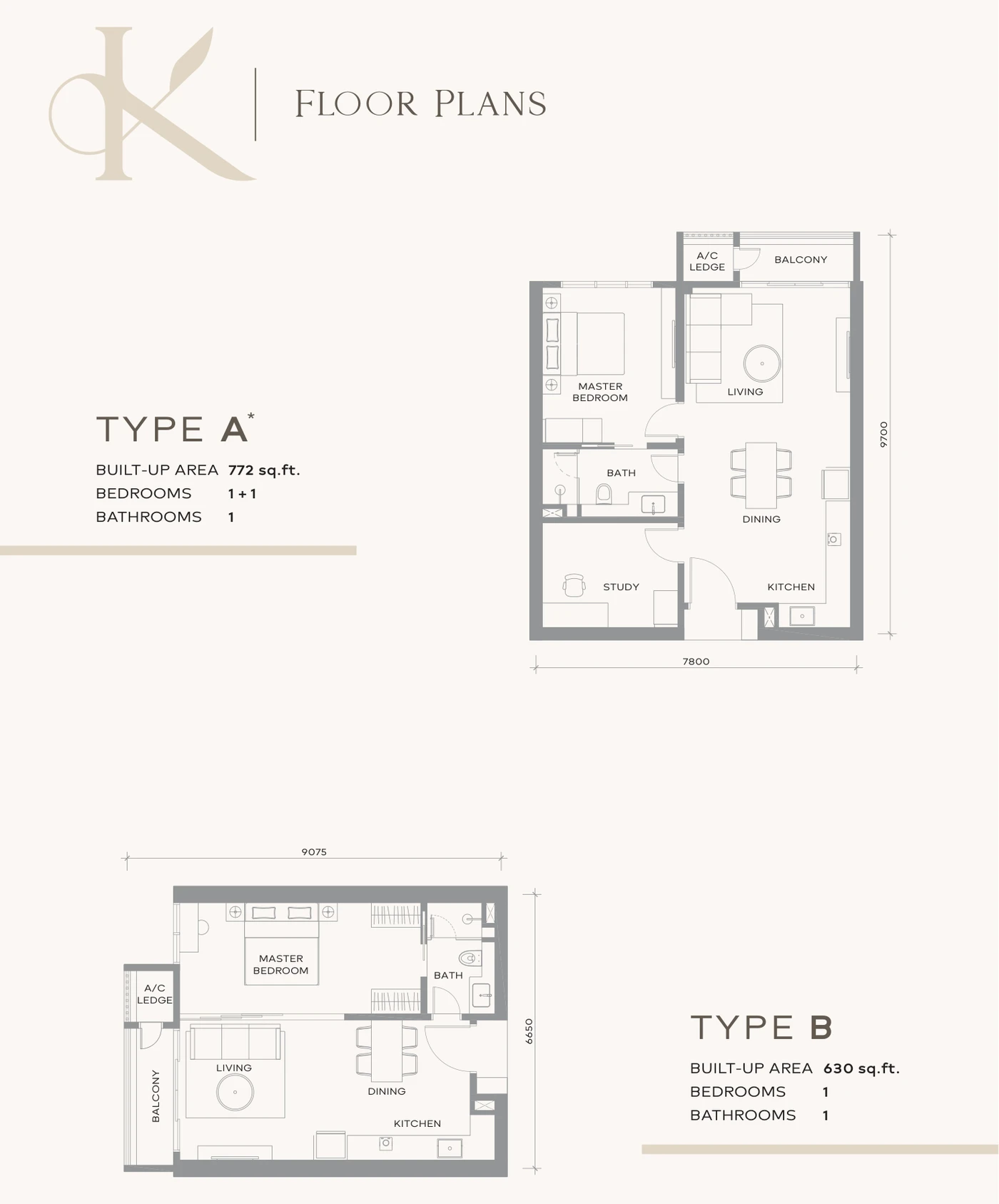 Khaya Residences Type A and Type B floor plans — 630 to 772 sq ft