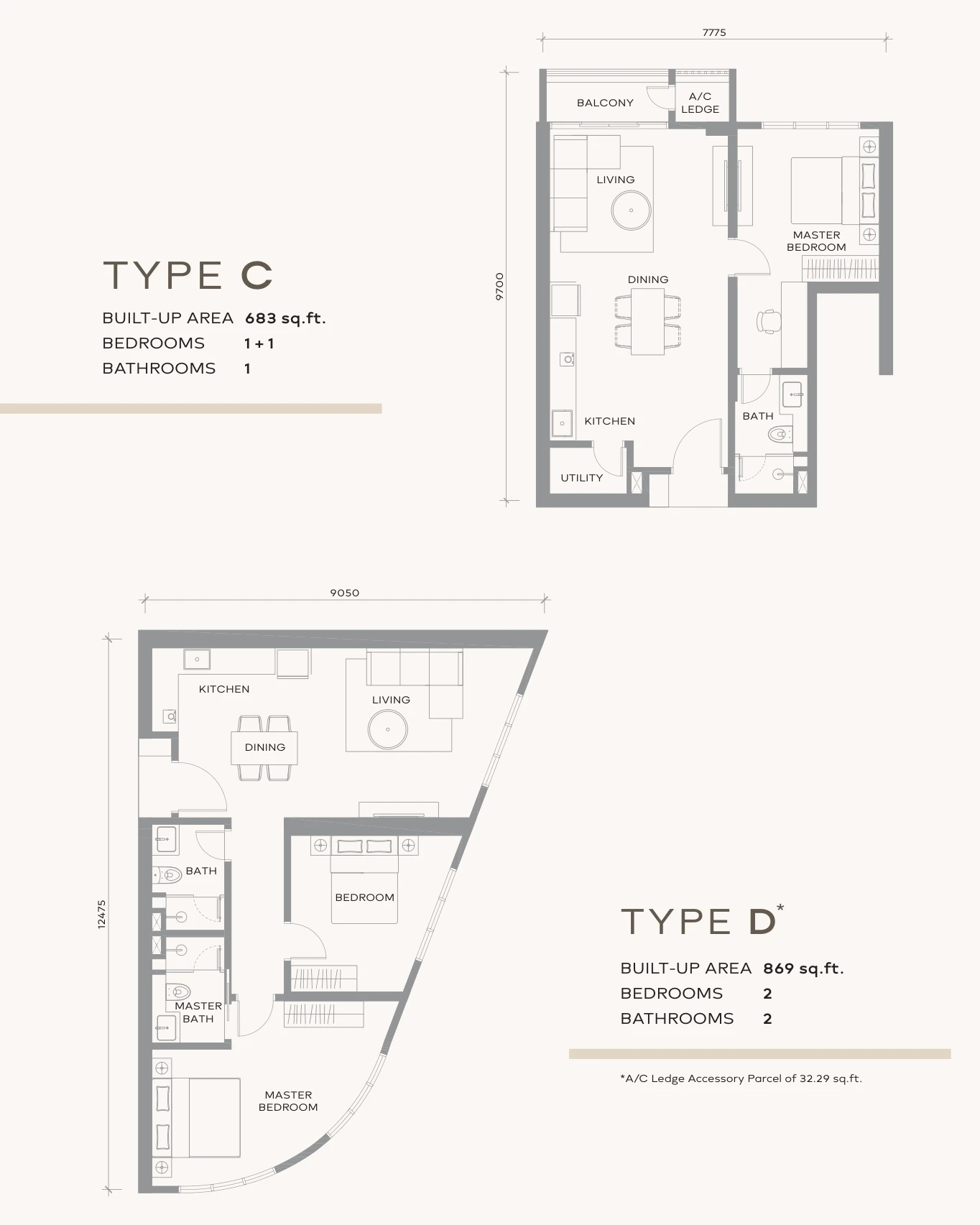 Khaya Residences Type C and Type D floor plans — 683 to 869 sq ft