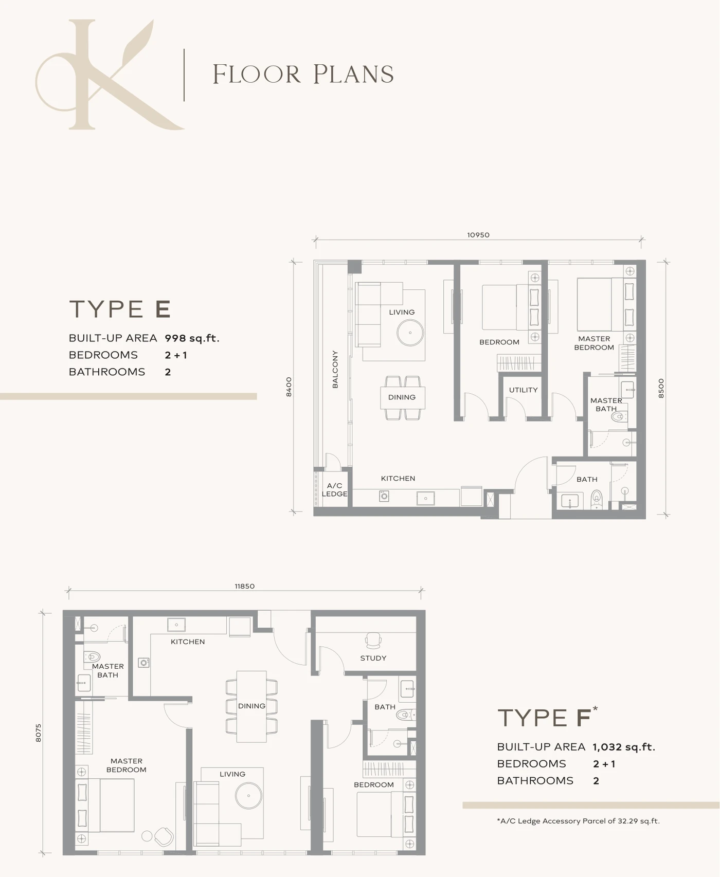 Khaya Residences Type E and Type F floor plans — 998 to 1,032 sq ft