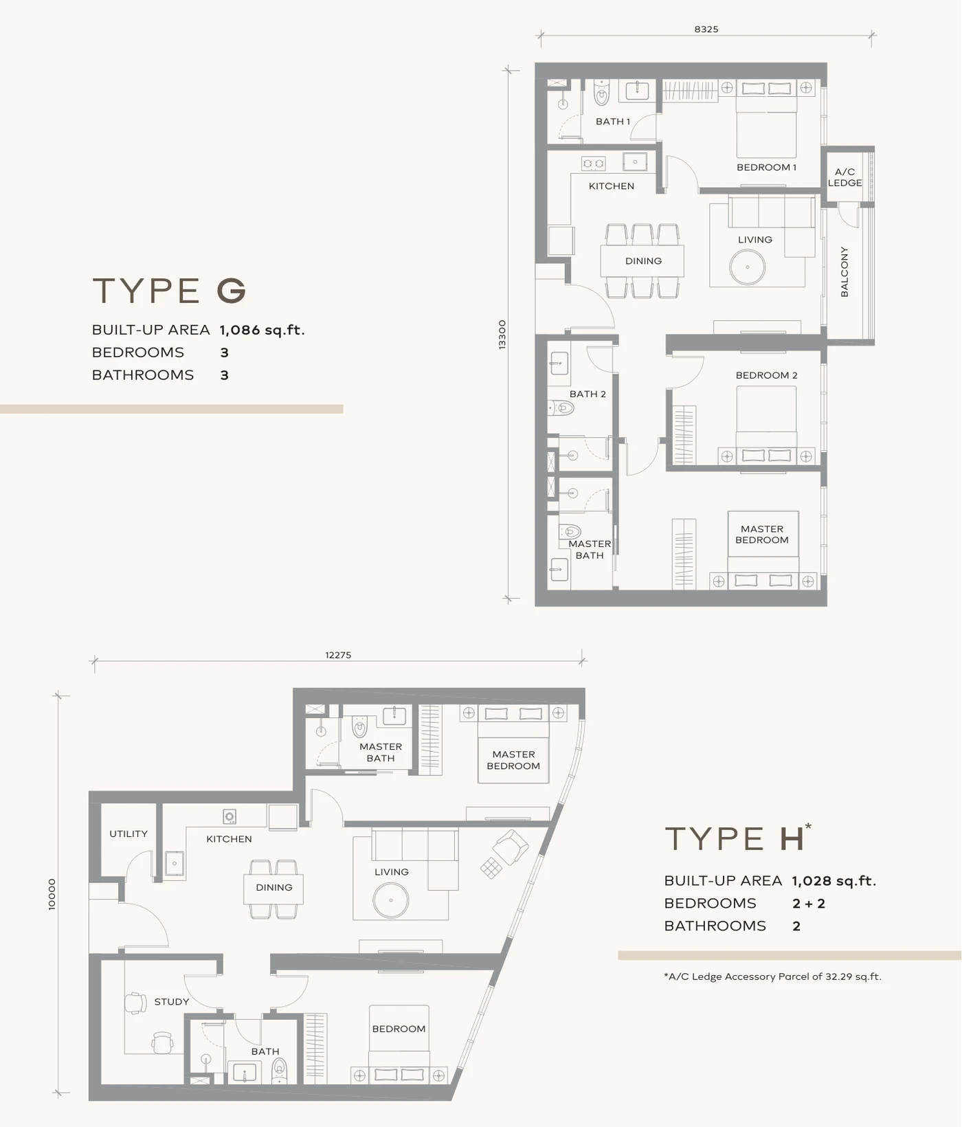 Khaya Residences Type G and Type H floor plans — 1,028 to 1,086 sq ft