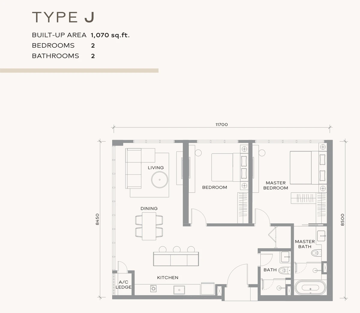 Khaya Residences Type J floor plan — 1,070 sq ft