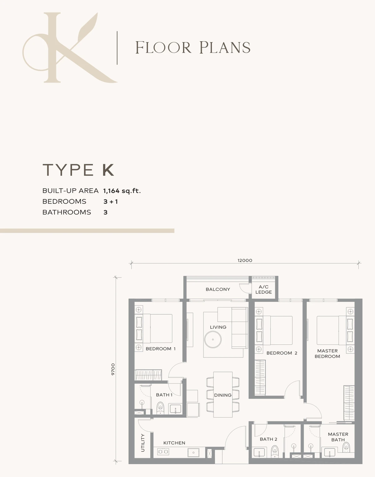Khaya Residences Type K floor plan — 1,164 sq ft