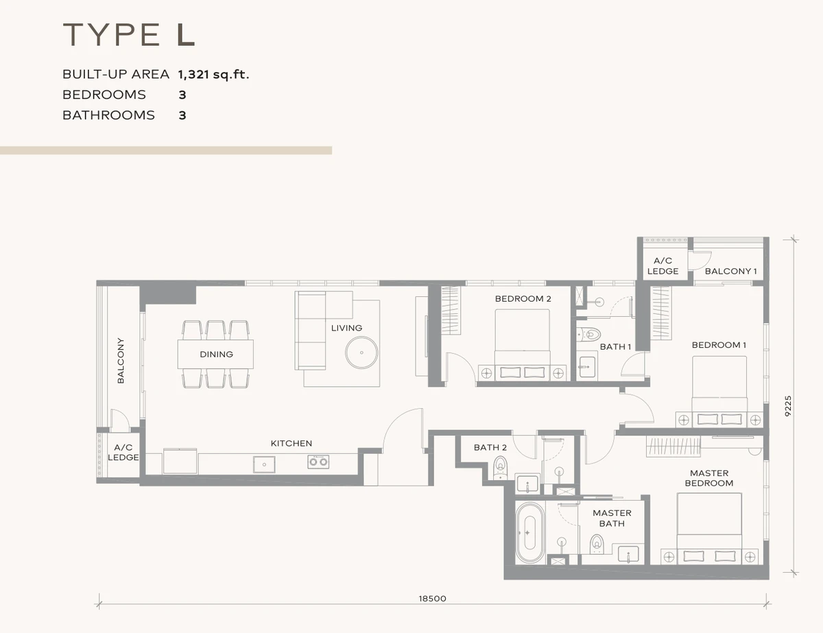 Khaya Residences Type L floor plan — 1,321 sq ft