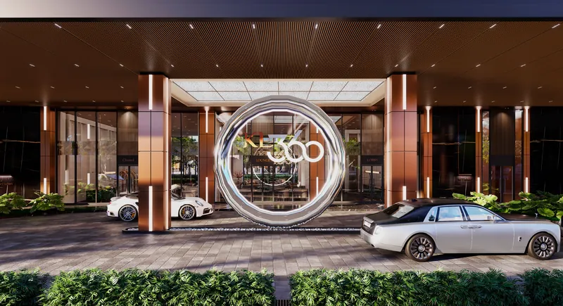 KL360 grand entrance and drop-off with the circular KL360 signature at the porte-cochère, artist's impression