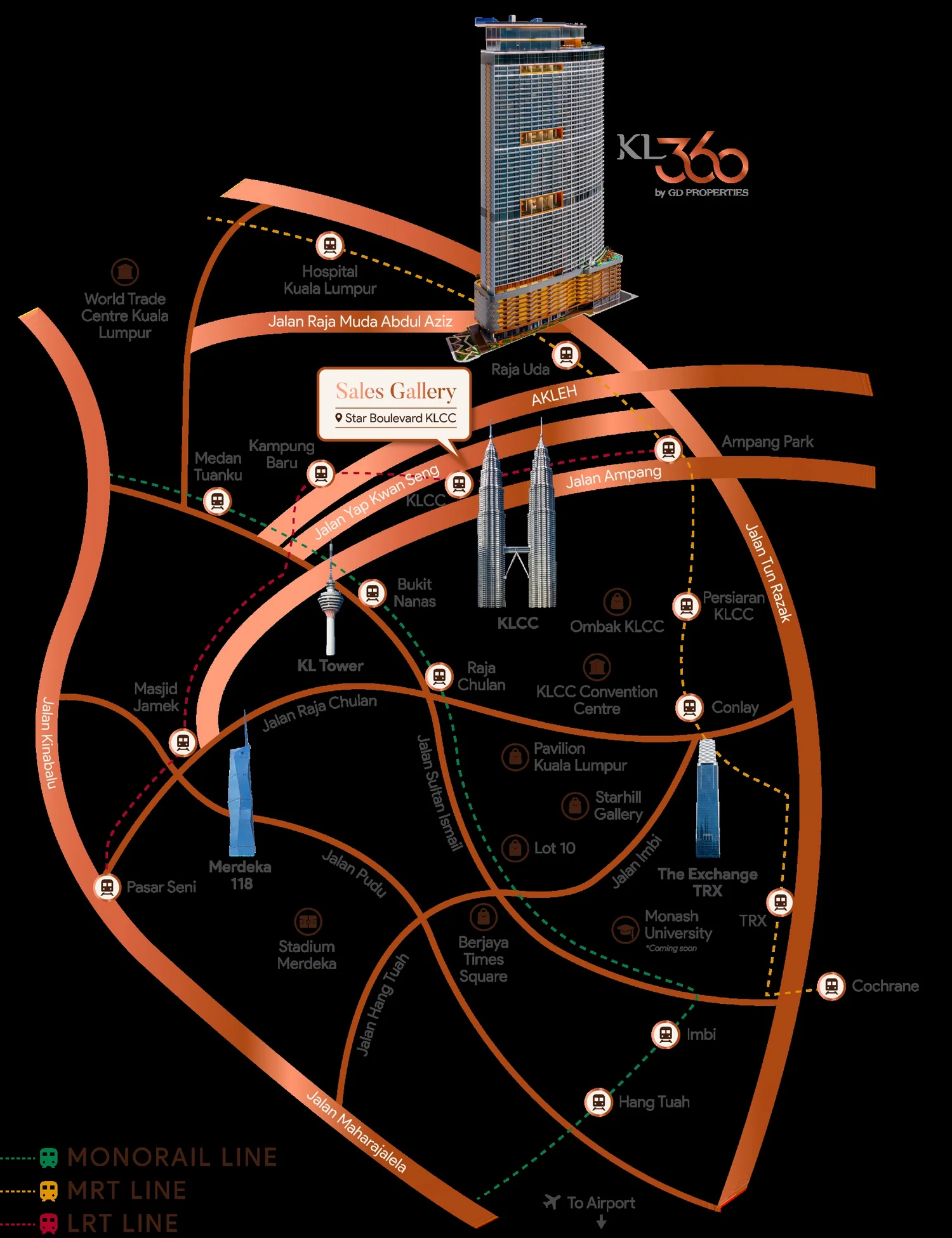 Developer location map showing KL360 beside MRT Raja Uda with the Petronas Twin Towers, Merdeka 118, TRX and the MRT stops along the Putrajaya Line