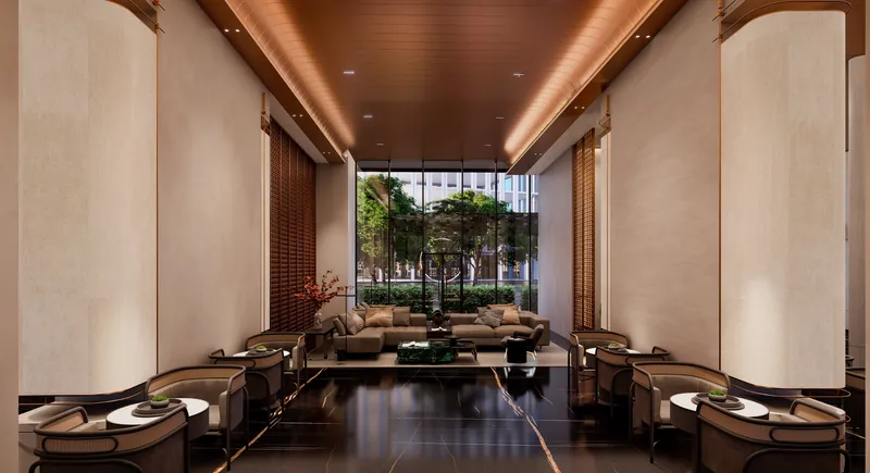 KL360 grand lounge with timber ceiling, planting and floor-to-ceiling glass, artist's impression