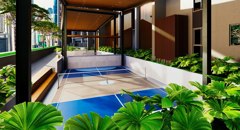 KL360 Level 8 pickleball court with green planting, artist's impression