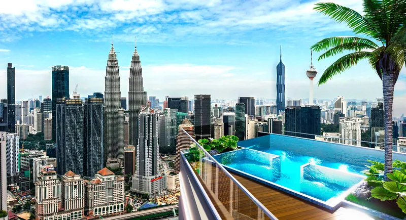 KL360 infinity pool by day with the Petronas Twin Towers, Merdeka 118 and KL Tower beyond, artist's impression