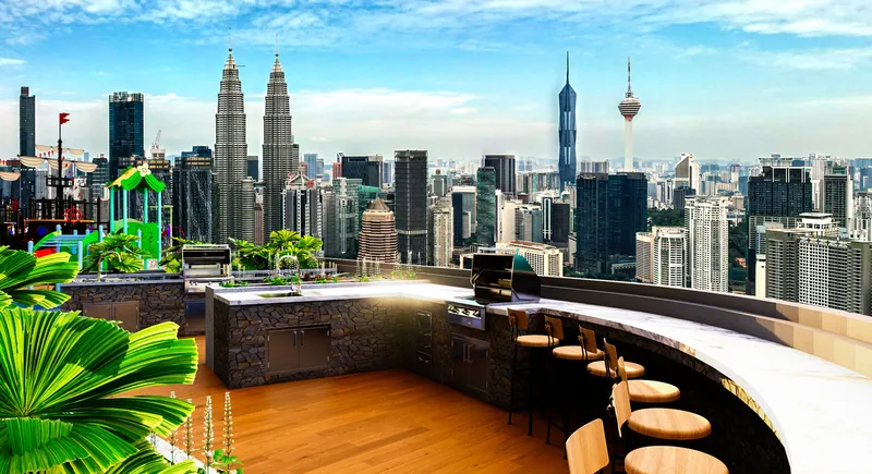 KL360 sky bar and BBQ counter by day with the Petronas Twin Towers on the horizon, artist's impression