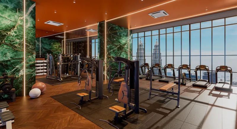 KL360 sky gym with floor-to-ceiling glass looking over the Kuala Lumpur skyline, artist's impression