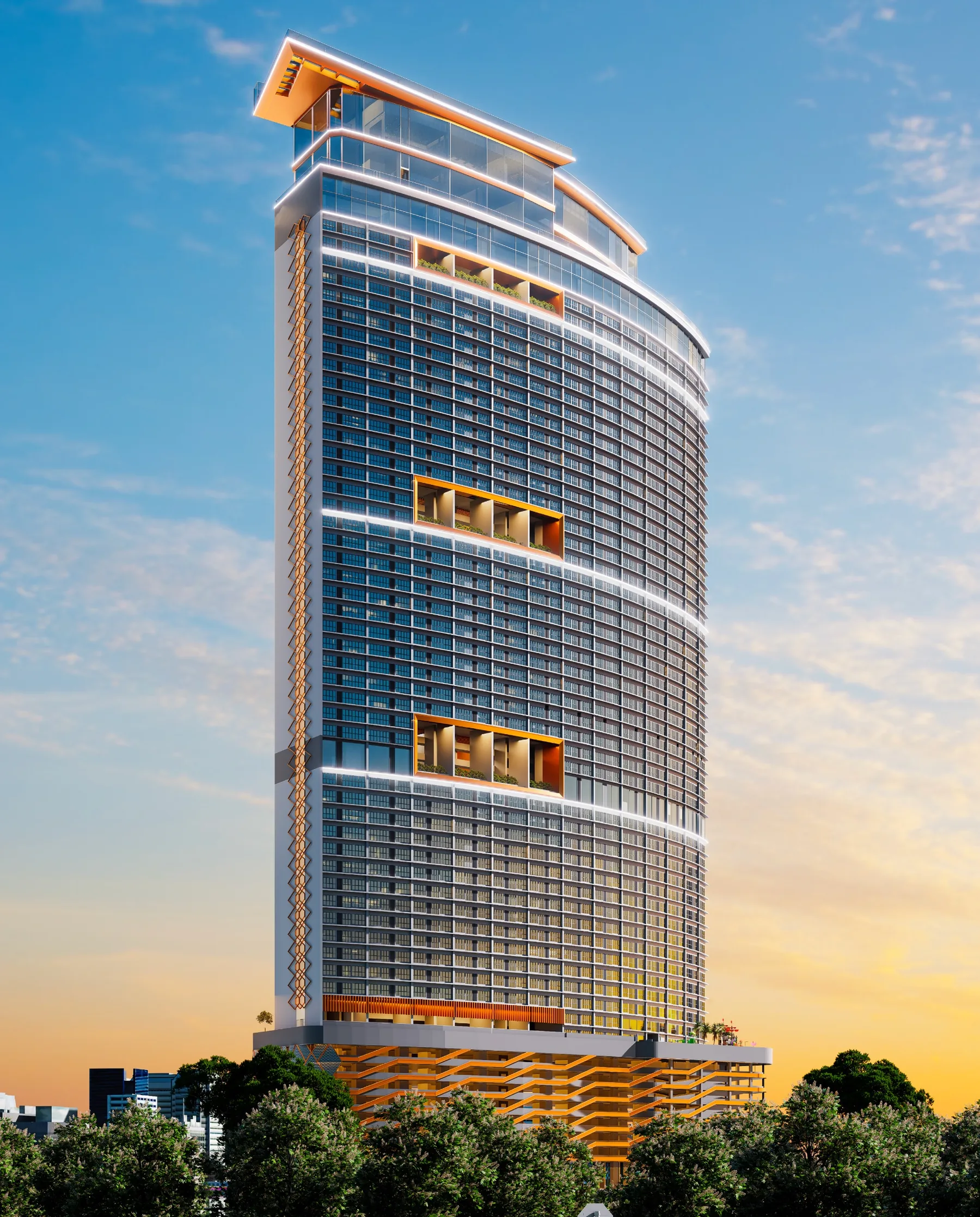 KL360 tower at dusk, a curved glass service residence with a crowning sky deck, Raja Uda, Kuala Lumpur, artist's impression