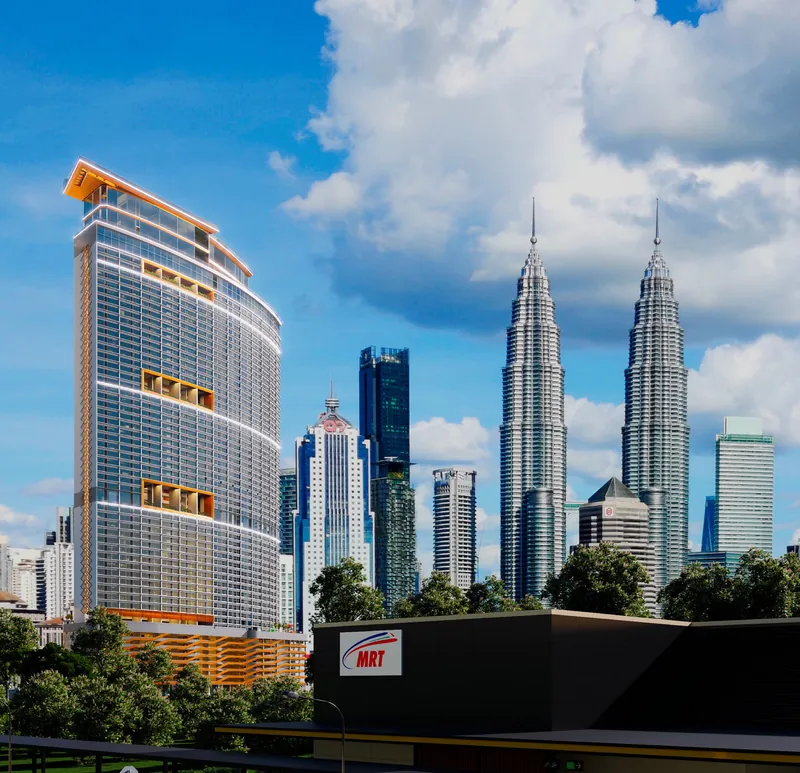KL360 tower beside the Petronas Twin Towers with the Raja Uda MRT entrance in the foreground, Kuala Lumpur, artist's impression