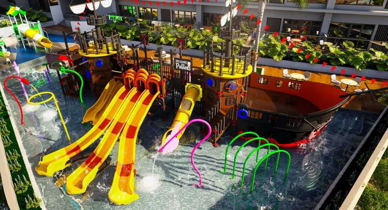 KL360 elevated kids' waterpark by day with water slides, artist's impression