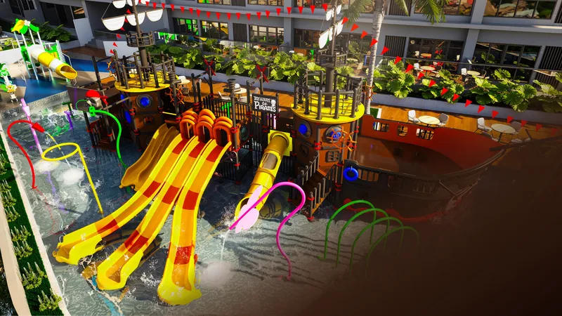 KL360 elevated kids' water play structure with slides and splash features, artist's impression