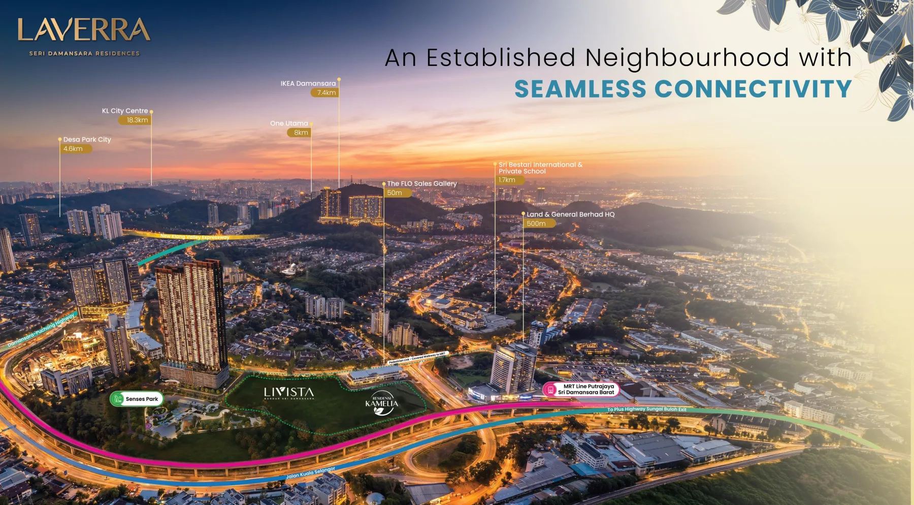 Laverra @ Residensi Seri Damansara connectivity map showing distances to Sri Damansara Barat MRT, Senses Park, IKEA Damansara, 1 Utama, Desa ParkCity and KL city centre
