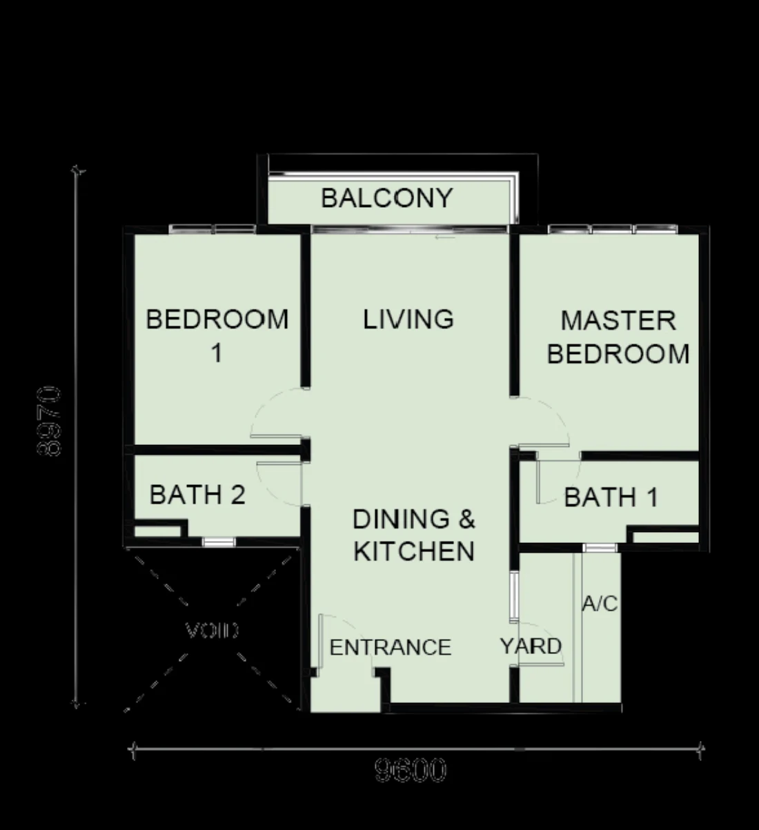 Laverra Type A floor plan — 725 sq ft, 2 bedrooms, 2 bathrooms