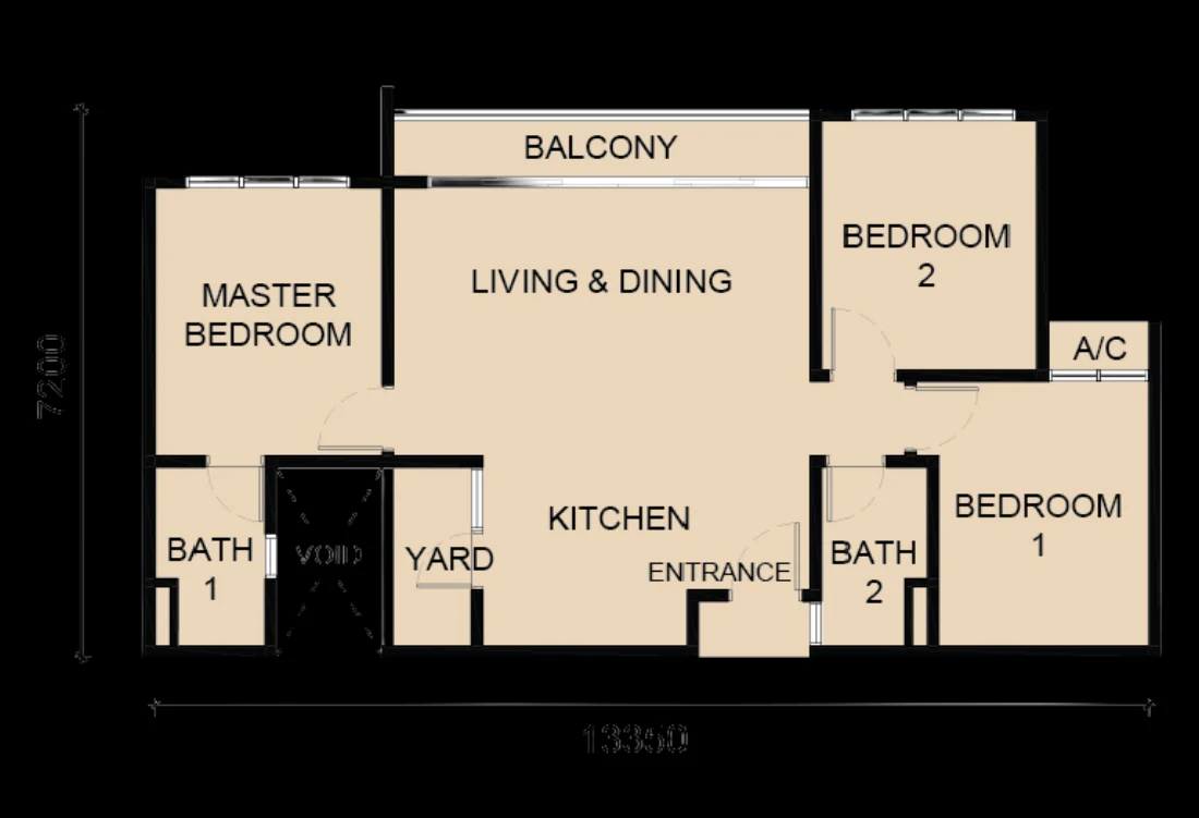 Laverra Type B floor plan — 905 sq ft, 3 bedrooms, 2 bathrooms