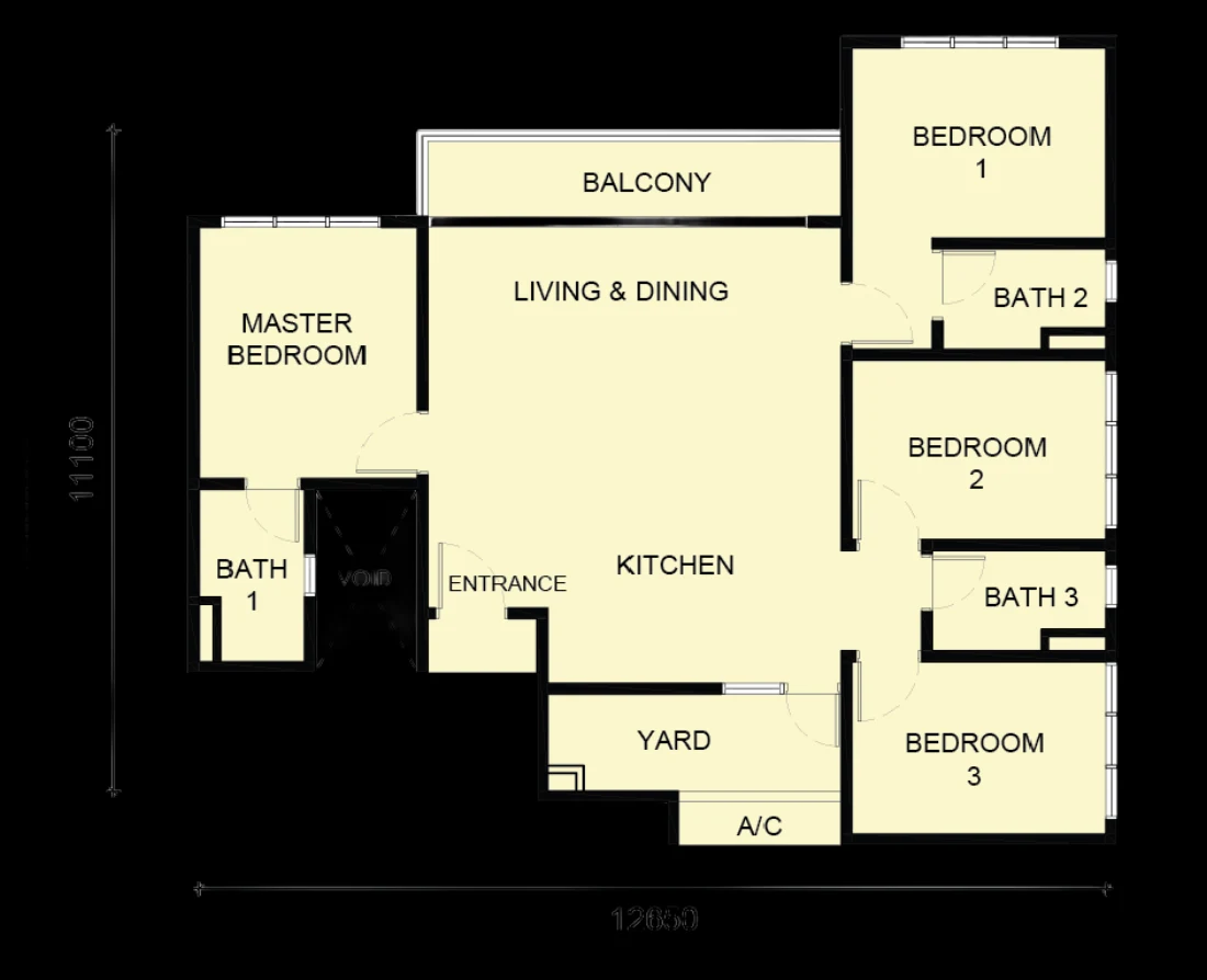 Laverra Type C floor plan — 1,150 sq ft, 4 bedrooms, 3 bathrooms