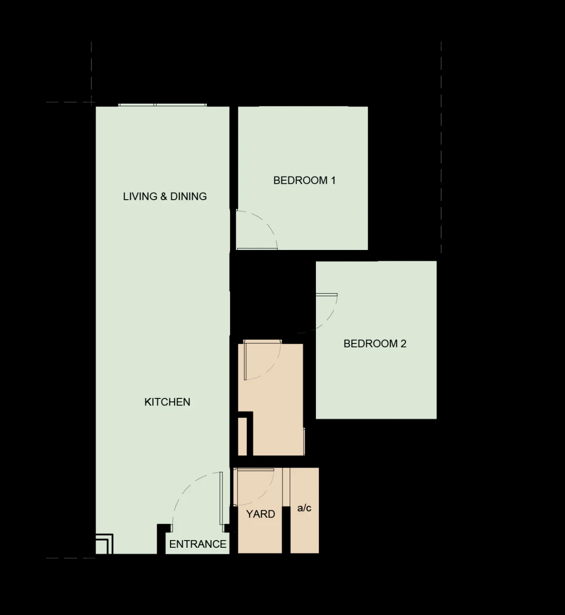 Laverra Type D floor plan — 555 sq ft, 2 bedrooms, affordable tier