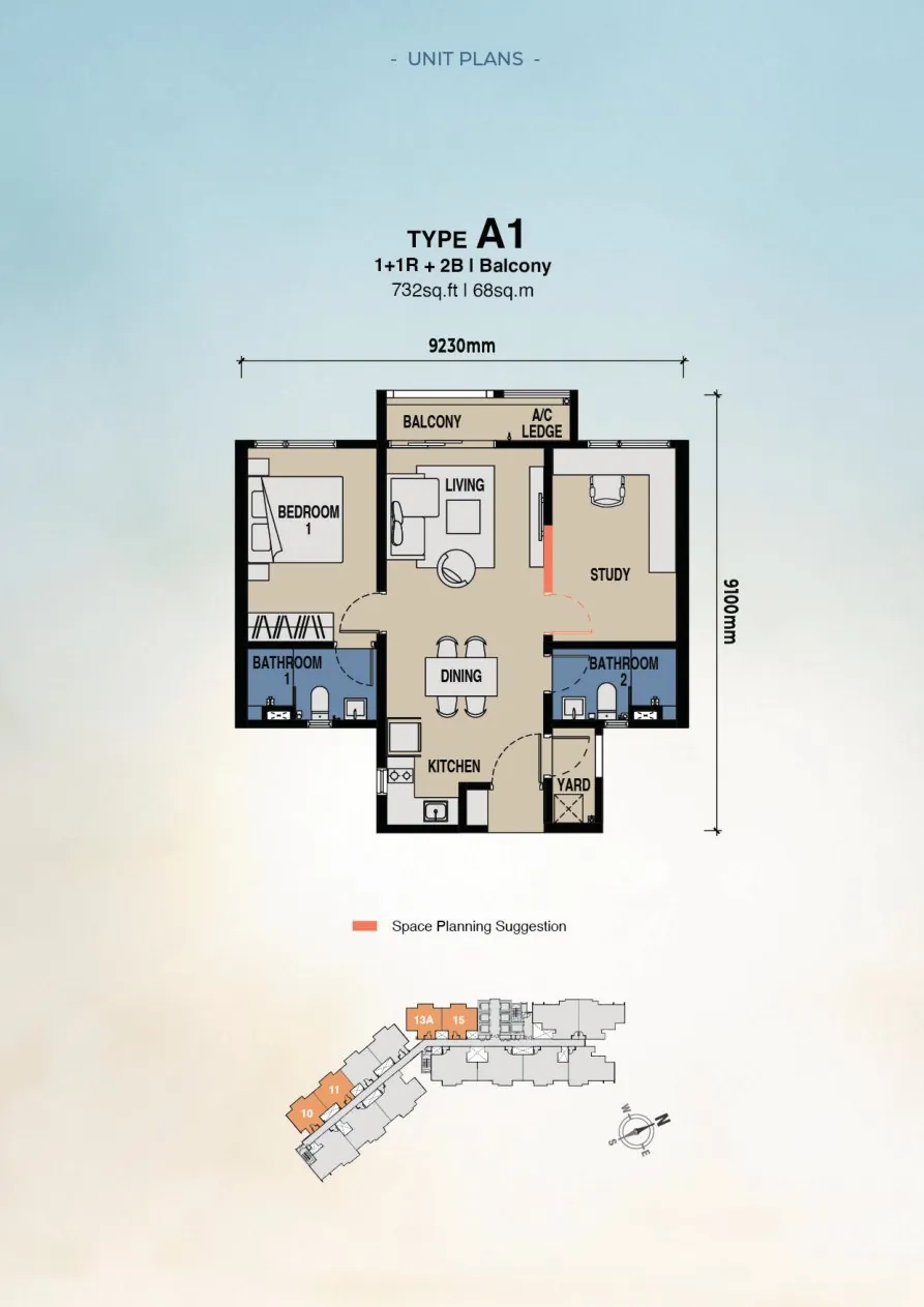 The Lighthauz Type A floor plan — 732 sq ft, 1 bedroom plus study